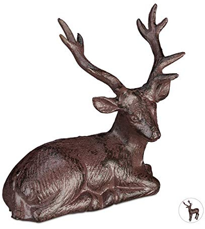 Relaxdays Hirsch Figur 3er Set, sitzender Deko Hirsch, braun | wetterfest, Garten, Balkon, Gusseisen, Reh Figur