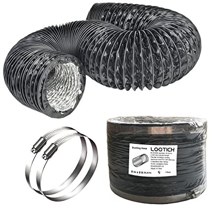 LOOTICH PVC Alu Flexrohr Ø 204mm Länge 2,5m Abluftschlauch Flexibel Luftleitungen Rohr Flexschlauch für Badezimmer Küche Hydroponik HVAC Lüftung 2 Stück Schlauchschelle Edelstahl Schwarz