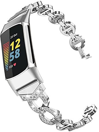 Gimuk Metal Strap Compatible with Fitbit Charge 6/Charge 5 Strap for Women, Adjustable Stainless Steel Bling Rhinestone Replacement Wristband Strap Bracelet for Fitbit Charge 5 (Silver)