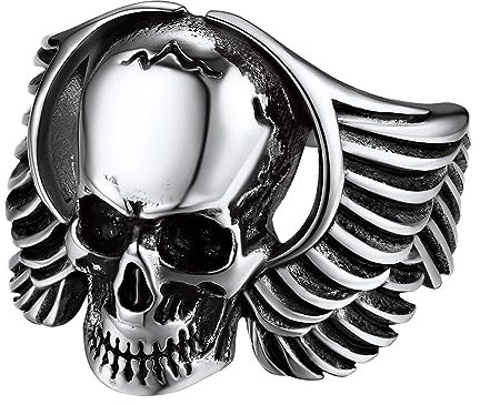 Bandmax Personalisierter Siegelring Geflügelter Totenkopfring Totenkopf Bandring mit Flügeln Schädel Fingerring aus Edelstahl Ringgröße 72 Gothic Siegelring Ringe Schmuck für Männer Jungen