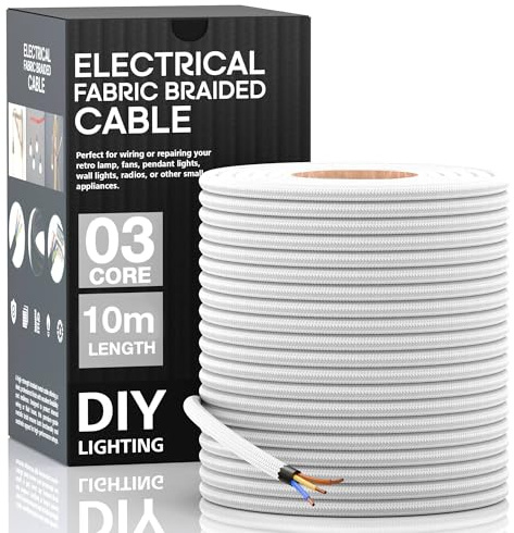 LEDSone 10 Meter 3 Core Electrical Round Wire Industrial Pendant Light Wires Flexible Round Electrical Cord Fabric Covered Lamp Wire for Earthed Pendant Lights with Durable & Stylish (White)