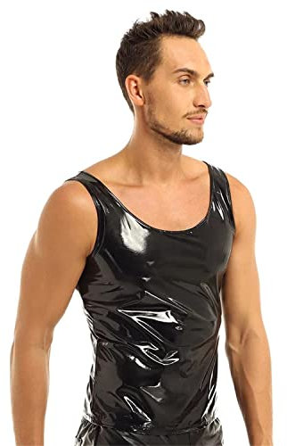 GITDOT Herren Sexy PVC Spiegel glänzendes Lackleder Weste T-Shirt Clubwear-Dessous (XL)
