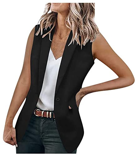 Femmes Blazer sans Manches Un Bouton décontracté Cardigan Gilet Sexy Mode col en v cranté Costume Veste Manteau avec Poches
