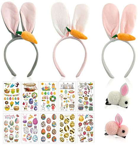 3 Stück Ostern Hasenohren Haarreifen,Plüsch Osterhase Ohren,Hasenohren Haarreif,Hase Ohren Stirnband mit 2pcs Hasen Haarspangen und 10 Osteraufkleber,für Mädchen Ostern Mottoparty Kostüm Zubehör