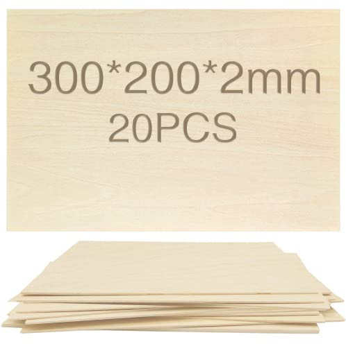 OWLKELA 20 piezas Tilo Tablero, 300 * 200 * 2mm - Hojas de Madera Manualidades, Recortes de Madera para Manualidad, Ideal para Proyectos de Láser, Artes y Manualidades, Grabado en Maderas