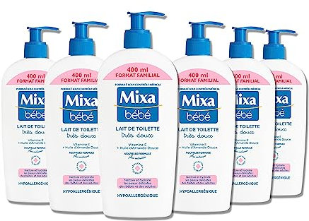 Mixa Bébé - Lait de Toilette Très Doux - Peaux Délicates Nourrissons - À la Vitamine E + Huile d’Amande Douce - Tolérance Optimale - Hypoallergénique - Maxi Format - Lot de 6 x 400 ml