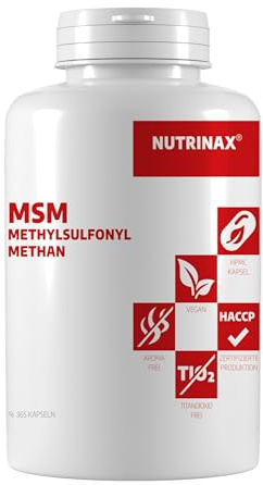 NUTRINAX MSM 365 vegane Kapseln 800mg Methylsulfonylmethan | 1600mg Methylsulfonylmethan pro Tagesdosis | 365 vegane Kapseln | ohne Magnesiumstearat | ohne Zusätze | hochdosiert | vegan