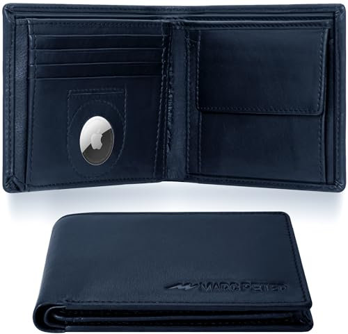Marc Peter® California AirTag Wallet mit Münzfach und RFID-Schutz | AirTag Geldbeutel | Apple Airtag Portemonnaie | Blau Nappa Geldbörse