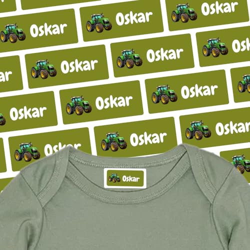 Namensaufkleber für Klamotten & Textilien (125 Sticker) – Aufkleber mit Name und Traktor für Shirts oder Hosen – Ideal für Schule und Kindergarten – Wasserfest, Spülmaschinenfest, 30 x 13 mm