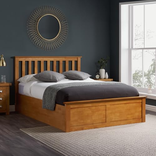 happybeds Phoenix Oak Wooden Ottoman Storage Bed, 3ft Single, Frame Only | 3ft Single, Wooden Ottoman Storage Bed, Slatted Headboard, Gas-Lift Storage, Frame Only, Oak, Sprung Slatted Base