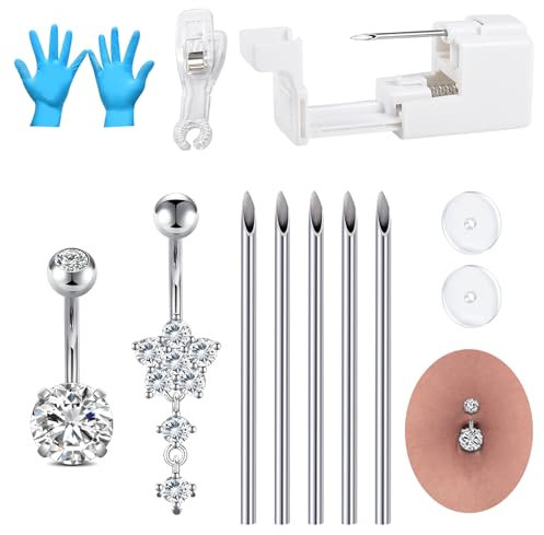 NIUSIMAN Bauchnabel Piercing Set,Bauchnabelpiercing Pistole Set mit Nadel Nase Septum Lippe Zunge Knorpel Piercing Nadeln Set Klemmen Piercing Set Selbst Piercing Set Kit zu Hause