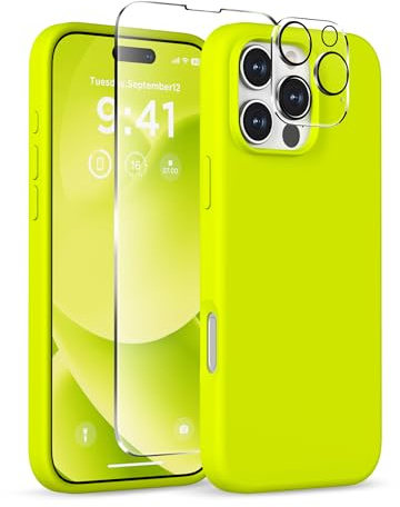 COFFKER Magnetic Case for iPhone 16 Pro Max, Compatible with Magsafe, Suction Cup Phone Holder, [2 Screen Protectors] [Camera Protection] Silicone, Shockproof Protective Case 6.9 Inch, Neon Yellow