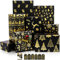 Geschenkpapier Weihnachten, 6 Bögen Schwarz-Goldene Weihnachts-Geschenkpapier mit metallischem Folienglanz, Weihnachten Geschenkpapier set mit Aufklebern und Geschenkanhänger, 50 cm x 70 cm
