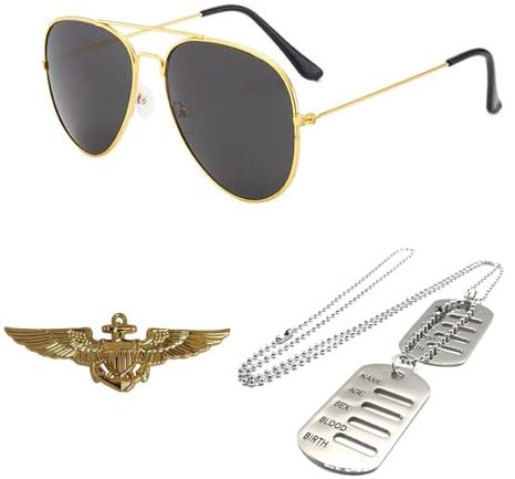 CWPFVQA 1 Stück Sonnenbrille, 1 Stück Pilotenabzeichen, 1 Stück Erkennungsmarke, Pilotenkostüm, Militärfan-Kostümzubehör, Geeignet Für Cosplay, Bühnenauftritt, Mottoparty
