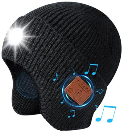 Musik-Beanie-Mütze mit Lichtern, kabellos, Bluetooth 5.3, LED-Beanie-Mütze, erweitertes Ohrenschutz-Design, eingebauter Stereo-Lautsprecher und Mikrofon, Stirnlampe, Kopfhörer, Beanie,