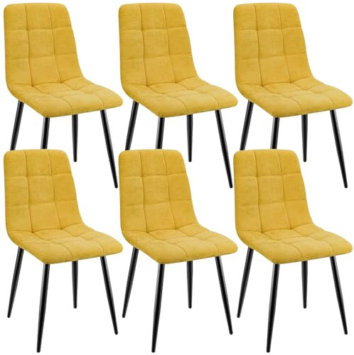 ANVOFONG Esszimmerstühle 6er Set,Küchenstuhl aus Leinenstoff,Polsterstühle mit Eisenfüßen,Stuhl Schlafzimmer,Wohnzimmer Stühle-gelb