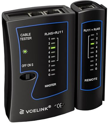 VCELINK Tester Cavi di Rete, Tester RJ45 Lan per Cavo CAT7, CAT6, CAT5E, CAT5, e Cavo Telefonico RJ11, Nero, 1 Pezzi