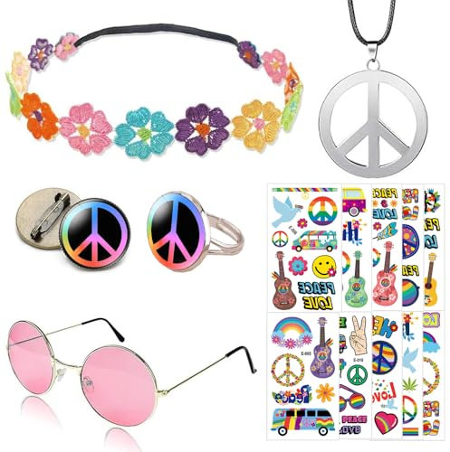 ENYACOS Hippie Accessoires Set für Damen 6-teiliges Karneval & Faschingskostüm mit Peace Kette, Hippie Brille, Flower Power Stirnband,Hippie tattoos – 70er Jahre Retro Kostüm Zubehör für Fasching (A)