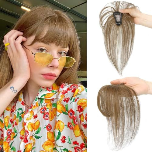 RPAEOY Natürliches Echthaar Topper Haarteil mit Pony Clip Haarteile Haarverdichtung Scheitel Haarverlängerung Kopfhaut Abdeckung Volumen Ergänzung