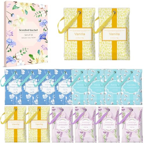 Scent-Hi Sobres Perfumadas para Armarios Algodón, Lino, Lavanda, Vainilla, Sachets perfumados Bolsas Ropa perfumada para cajones Armarios Dormitorio Armario Baños Coches (16 bolsitas)