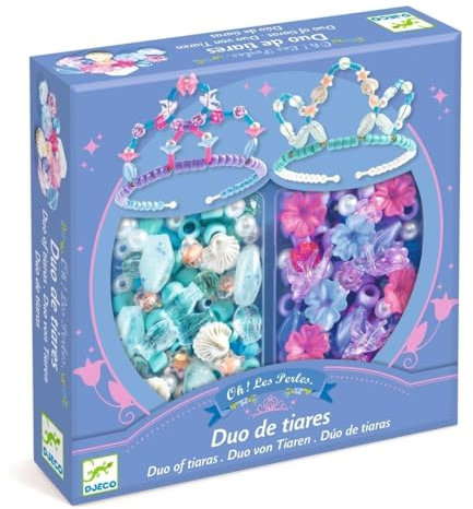 Djeco Duo von Tiaren Schmuck-Bastel-Set Tiaras blau | Bastelset für 2 Kronen mit Acrylperlen & Garn | DIY Krone für Kinder ab 6 Jahren | Kreativset Prinzessin