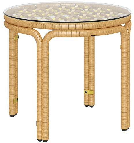 Outsunny Tavolino da Giardino in Rattan e Vetro, Tavolo da Caffè Rotondo con Struttura in Acciaio per Patio, Terrazzo e Balcone, Ø50x44 cm, Giallo
