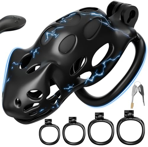 Sex Toy Electric Shock Male Chastity Cage, Chastity Devices Cock Cage with 7 Vibrations 7 E-stim Intensities Remote Control, Bondage Gear Penis Cage with Invisible Lock 4 Rings, BDSM Sex Toys for Men