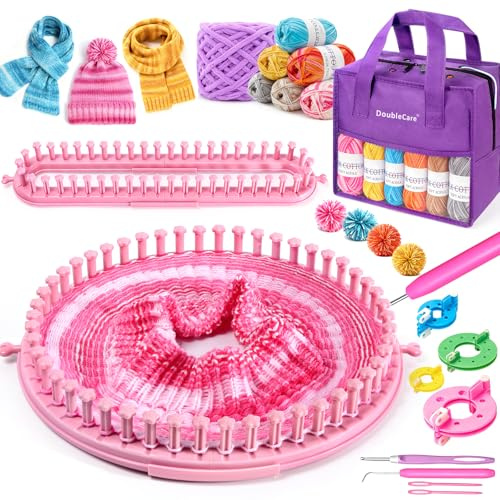 DoubleCare Zahnstrick-Webstuhl-Set mit Aufbewahrungstasche | 2 Strickrahmen Garn Pompon-Maker Häkelnadel Anfängerfreundlich zum Selbermachen Decke Schal Stola
