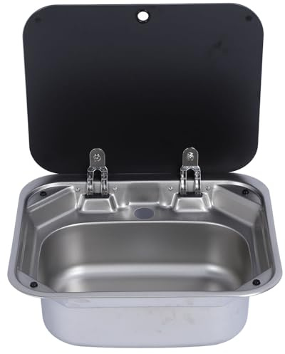 MasYosh Fregadero de Acero Inoxidable, Lavabo Individual de Cocina Plegable con Tapa de Vidrio Templado y Drenaje Antiobstrucción, para Caravana, Autocaravana, Yate
