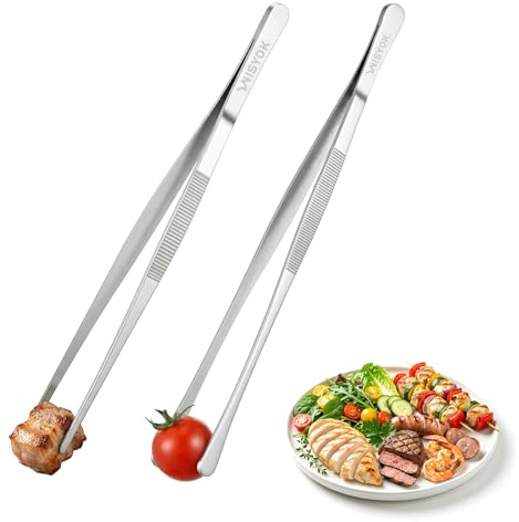 WISYOK 30 cm Kochpinzette, 304 Edelstahl, 2 Stück, Spitze und Runde | Küchenpinzette, Silber Kochzange, Profi-Grillpinzette zum Kochen, Grillen, Braten, Backen, Anrichten und Dekorieren