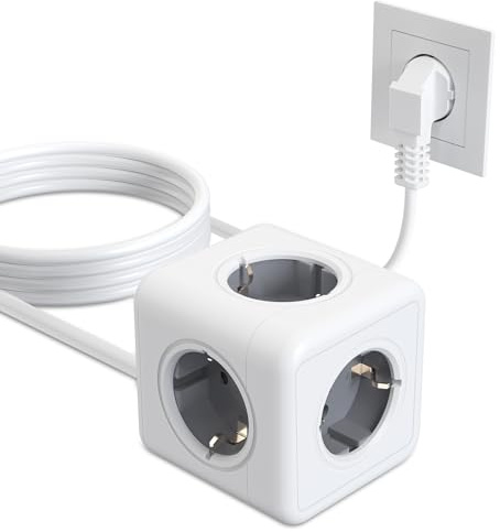 5 Fach Steckdosenwürfel, Mehrfachsteckdose Würfel mit 1.5m Kable, 3680W Socket Cube Überspannungsschutz, 16A/230V, für Büro & Reisen (Weiß)