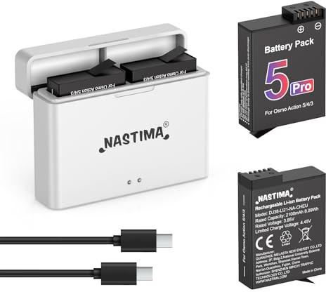 NASTIMA 2100mAh Li-ion Akku 2er-Set und Ladegerät für DJI Osmo Action 5 Pro | 2er-Pack Akkuset, Akku für Osmo Action 360/4/3 Kameras, PD-Schnelllade-Akkugehäuse, USB-C-Ladekabel mit Zwei Kanälen