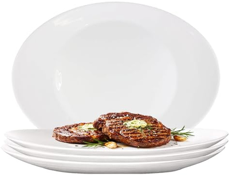 UHL 30cm Porcelain Serving Platters Set of 4 Steak Plates, White Oval Dish Serving Plate for Party, Buffets, Appetisers, Dessert, Snacks, Salad, Large Dinner Plates Set, Microwave & Dishwasher Safe