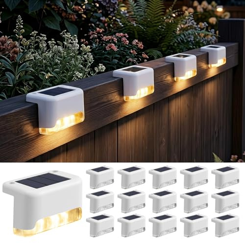 Qoosea Luces Solares Exterior Jardin, 16 Piezas Luces para Escaleras Blanca Cálida, Impermeable Lamparas Solares Decoración, Iluminación LED para Escaleras Vallas, Patios, Terrazas-Blanca
