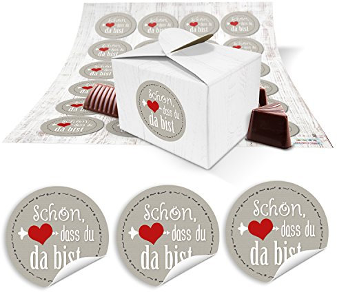 Logbuch-Verlag 24 kleine Boxen Faltschachteln aus Karton 8 x 6,5 x 5,5 cm weiß mit Sticker Schön, dass du da bist grau rot - Hochzeitsdeko Gastgeschenk Verpackung