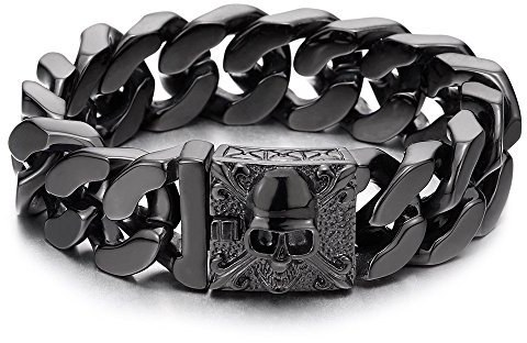 COOLSTEELANDBEYOND Herren Großes Schwarz Edelstahl Panzerkette Armband mit Fleur de Lis und Schädel, Biker Gotik, Poliert