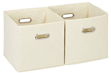 Relaxdays Aufbewahrungsbox 2er Set, Regalkorb ohne Deckel, mit Griff, faltbar, Stoffbox quadratisch, 30 cm, beige, 30 x 30 x 30 cm