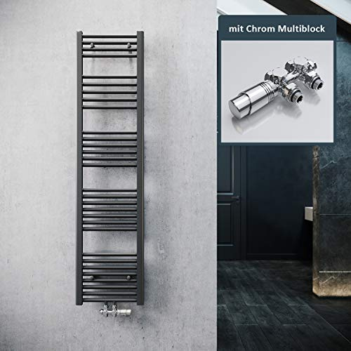 ELEGANT Design Badheizkörper Anthrazit 1600x400mm mit Chrom Multiblock Thermostat Handtuchheizkörper Handtuchtrockner Handtuchwärmer