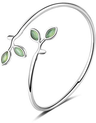 Canarea 1 Pcs Armband Damen Mädchen Silber 925 Einfache Grünes Blatt Opal Bling Öffnen Armreif Mode Charm-Armbänder Armschmuck für Tochter Freundin Einstellbar