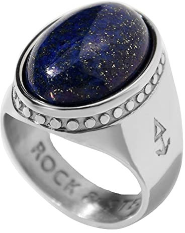 Rock and Steel Herren Ring Siegelring mit oval Lapislazuli Stein, Silber Edelstahl (Silber, 55 (17,5 mm))