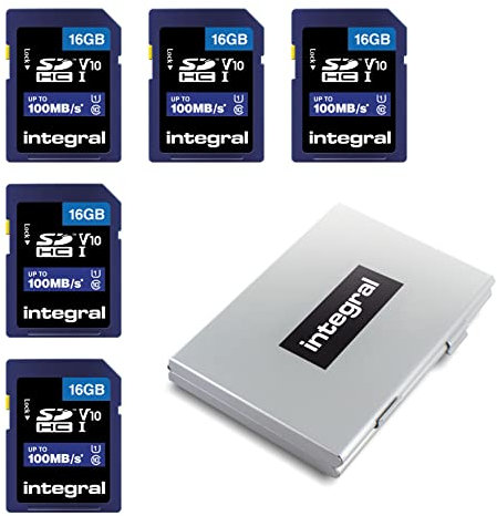 Integral 16GB SD 5 Pack card in a 6-slot protective metal card holder case High Speed memory SDHC up to 100MB/s V10 UHS U1