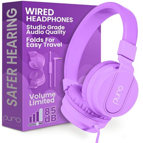 Puro Sound Labs PuroBasic Volume Limiting Wired Headphones for Kids, Boys, Girls 2+ Foldable & Adjustable Headband, Compatible with iPad, iPhone, Android, PC & Mac – By, (Lila)