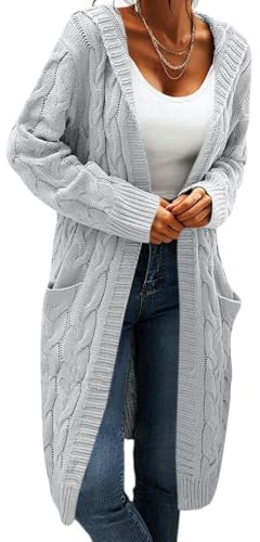 GeGekoko Women Hooded Open Front Cardigan Cable Knit Sweaters Solid Color Chunky Long Sweater Coats