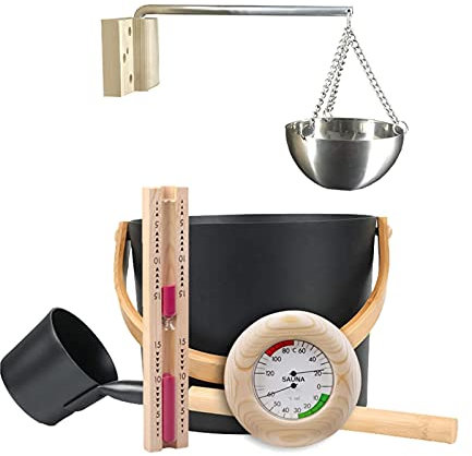 Saunazubehör-Set Schwarzer Saunakübel mit Schöpfkelle, Saunathermometer, Sanduhr für Sauna, Badezimmer-Spa-Zubehör