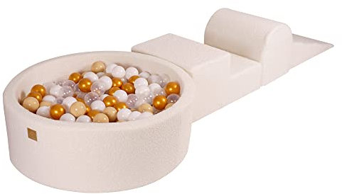 MEOWBABY Bällebad mit Schaumstoff Bausteinen - Spielplatz aus Schaumstoff mit 200 Bällen für Kinder - Weiches Indoor Bällebad Baby ab 1 Jahr, Boucle, Weiß