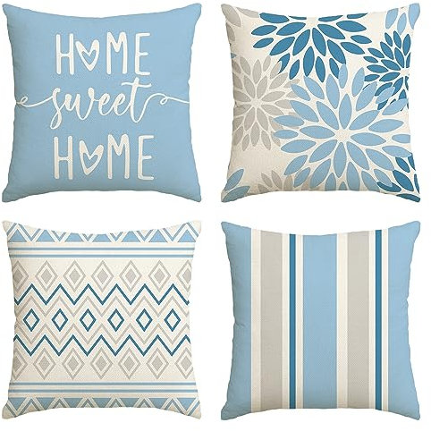 Artoid Mode Eisblau Dahlien Geometrisch Frühling Kissenbezüge 4er Set, 45x45 cm Zierkissenbezug Cushion Cover Couch Wohnzimmer Außenbereich Deko
