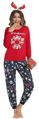 Bresdk Pyjama Femme Hiver Ensemble de Pyjamas Femme Cotton à Manches Longues Vêtements de Nuit à Col Rond 2 Pièces Imprimé Tenue de Nuit Doux Noël Rouge S