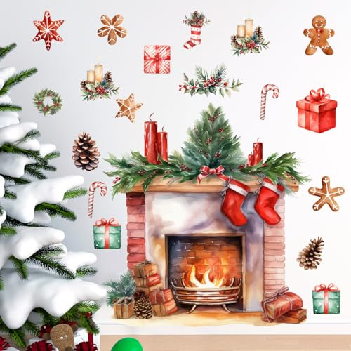 33 x 38.1 Inch Christmas Wall Decals Christmas Fireplace Candle Gingerbread Man Wall Stickers for Xmas Holiday Party Supplies Home Wall Decor