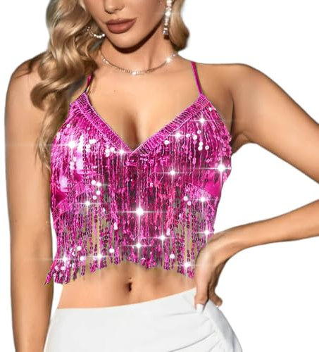 Ushiny Pailletten Quasten Top Bauchtanz Crop Top Karneval Kostüme BH Top Party Tank Top Rave Outfit für Frauen und Mädchen(Rose)