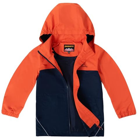 SMONTY Veste Imperméable pour Enfant Résistant au Vent Softshell à Capuche Veste Extérieure Respirante pour La Randonnée, Le Vélo et La Course à Pied(Orange gris, 11-12 ans)